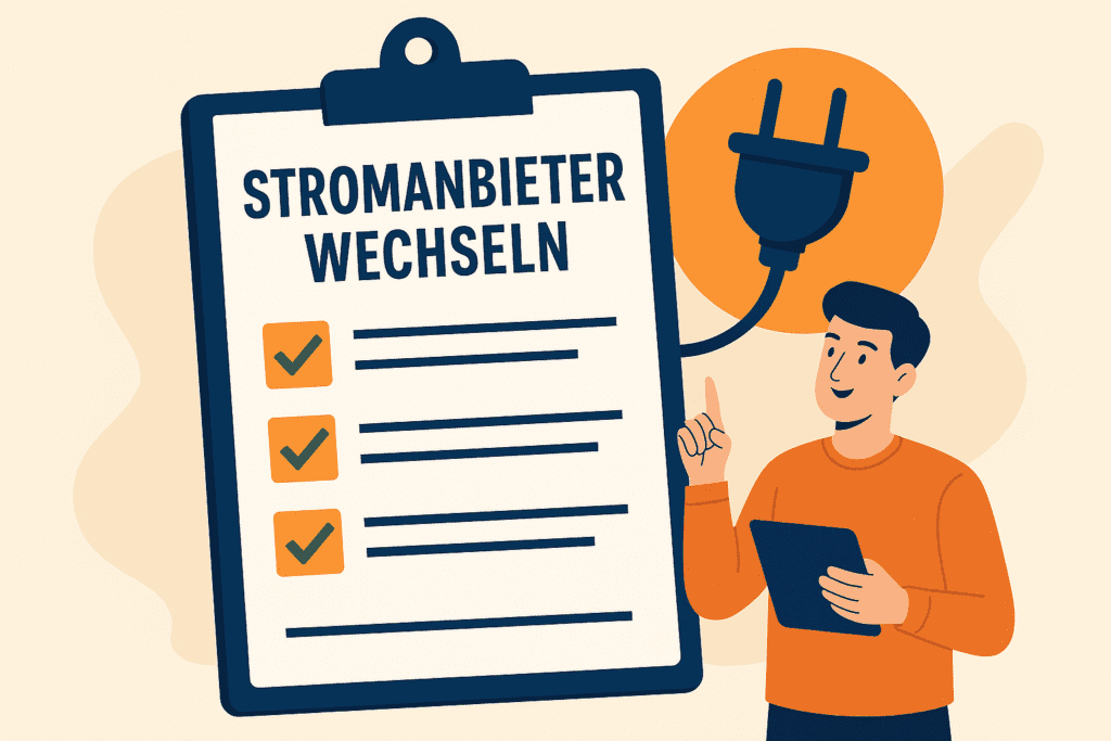 ein Mann hält ein Klemmbrett mit einer Checkliste und einem Stecker
