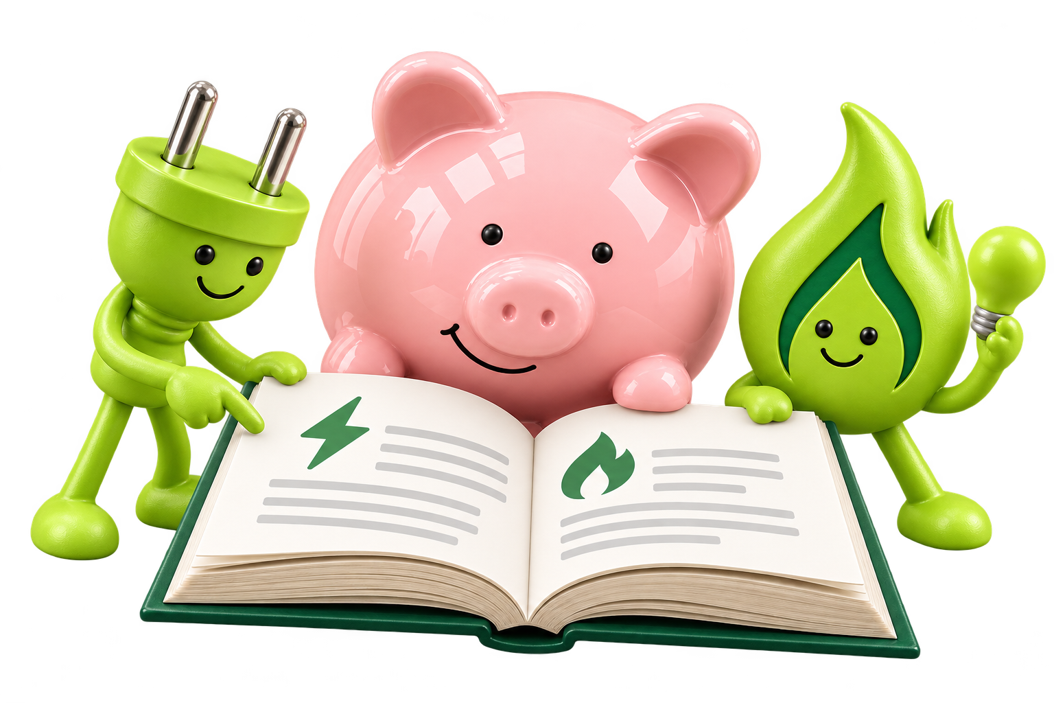 Energie Ratgeber Sparschwein entdeckt Energie-Wissen im offenen Buch